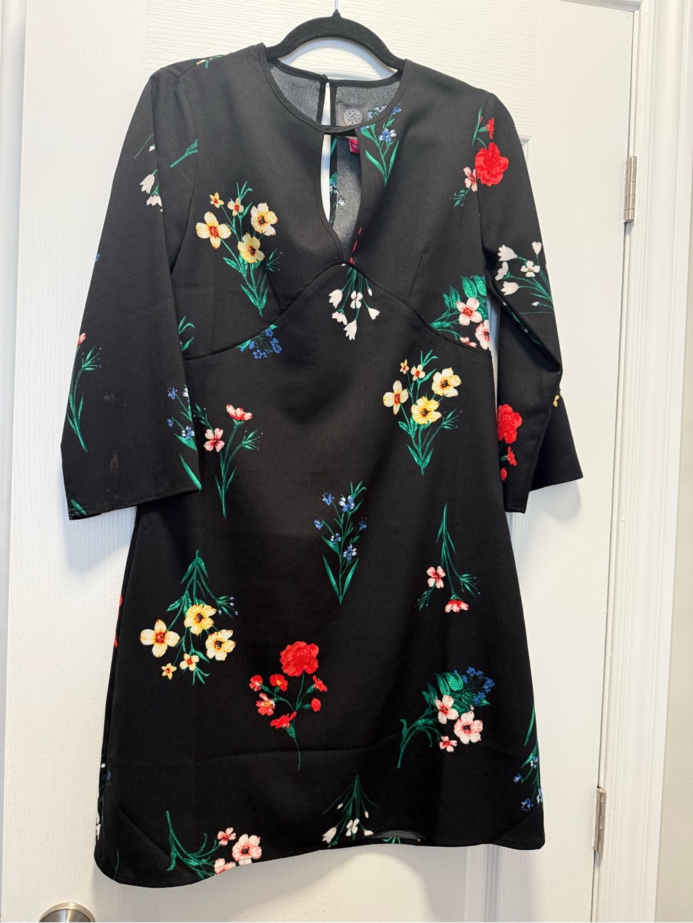 Vince Camuto Black Floral Long Sleeve A-Line Dress